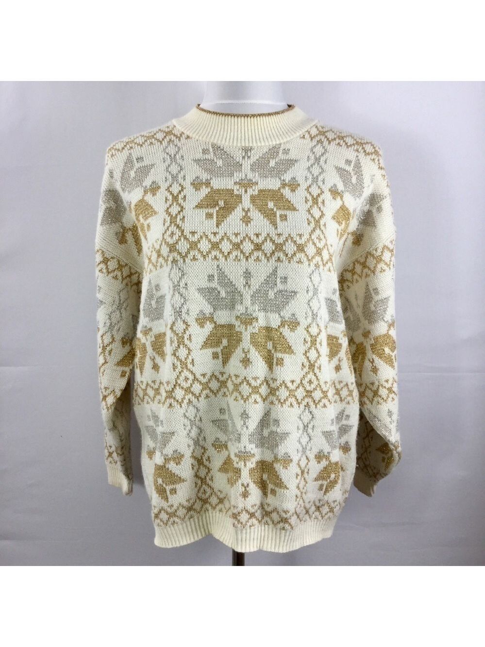 Vintage Metallic Silver Gold Cream Snowflake Sweater